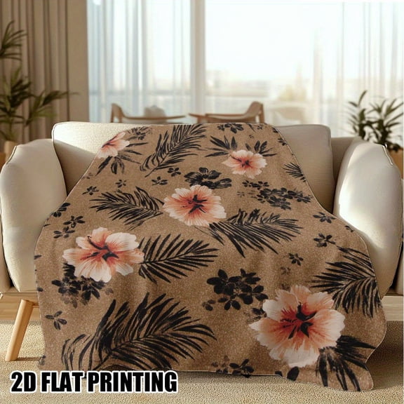 Cozy Tropical Palm Leaf & Hibiscus Flannel Throw Blanket - Soft Lightweight Bedspread with Floral Print for Couch, Bed, Travel - All Season Comfort