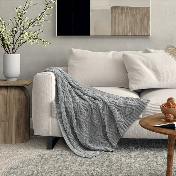 Cozy Tyme Aliyana Chenille Diamond Cable Knit Throw, Super Soft Warm Blanket, 50 x 60 Inches, Light Grey