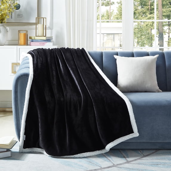 Cozy Tyme Lorraine Flannel Reversible Sherpa Throw - Super Soft Solid Color 50"x 60" Black