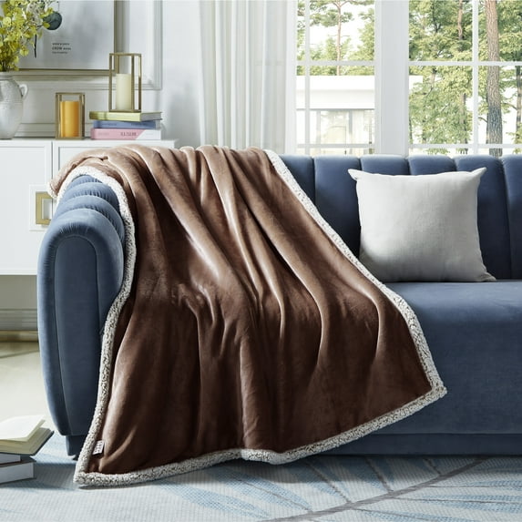 Cozy Tyme Lorraine Flannel Reversible Sherpa Throw - Super Soft Solid Color 50"x 60" Brown