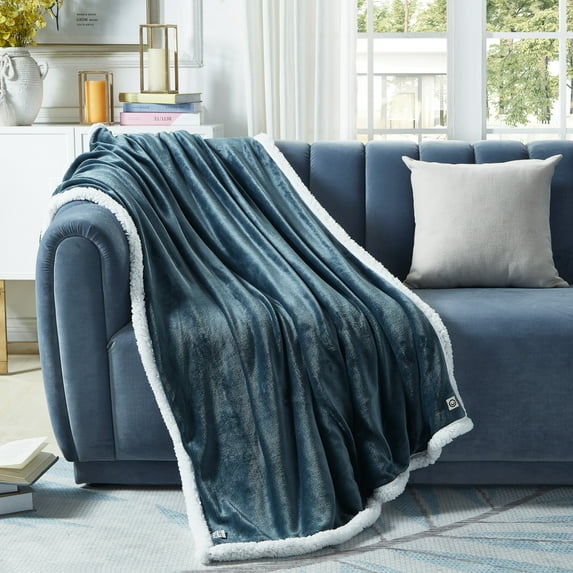 Cozy Tyme Lorraine Flannel Reversible Sherpa Throw - Super Soft Solid Color 50"x 60" Hunter Green
