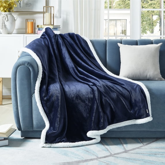 Cozy Tyme Lorraine Flannel Reversible Solid Sherpa Throw - Super Soft Solid Color 50"x 60" Navy