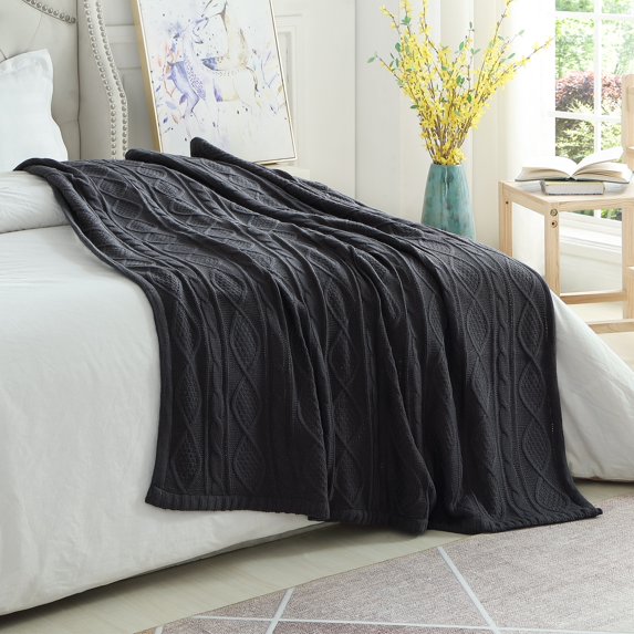 Cozy Tyme Lucie Cable Knit Throw - Reverse Faux Rabbit Fur 50"x 60" Dark Grey