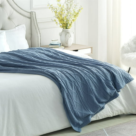 Cozy Tyme Lucie Cable Knit Throw - Reverse Faux Rabbit Fur 50"x 60" Light Blue
