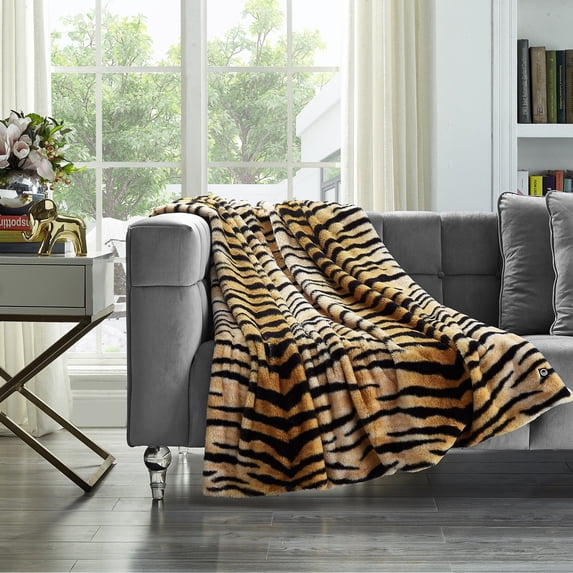 Cozy Tyme Nasir 100% Polyester Faux Fur Throw - Printed Rabbit Fur 50"x 60" Tiger