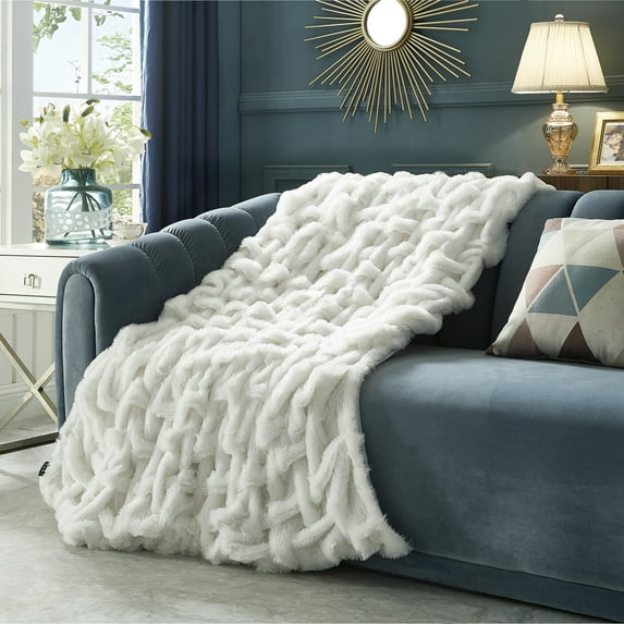 Cozy Tyme Nicolette Stitched Faux Fur Throw - Reverse Micromink 50"x 60" White