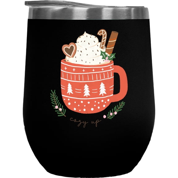 Cozy Up, Hand Drawn Cup of Christmas Hot Chocolate or Cocoa Art Merch Gift, Black 12oz Wine Tumbler