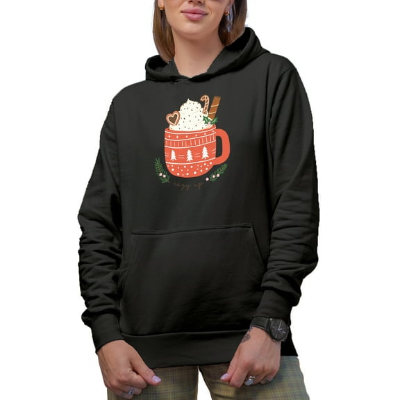 Cozy Up, Hand Drawn Cup of Christmas Hot Chocolate or Cocoa Art Merch Gift, Black Hooded Sweatshirt or Hoodie, Small