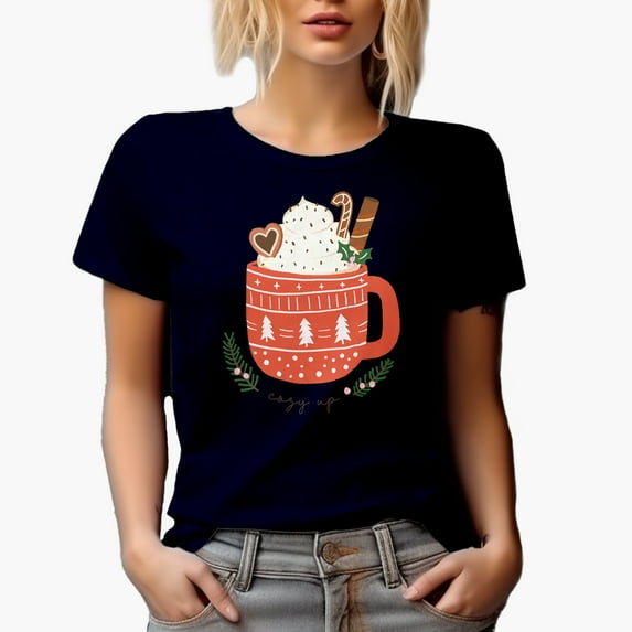 Cozy Up, Hand Drawn Cup of Christmas Hot Chocolate or Cocoa Art Merch Gift, Navy Blue T-Shirt, 3XL