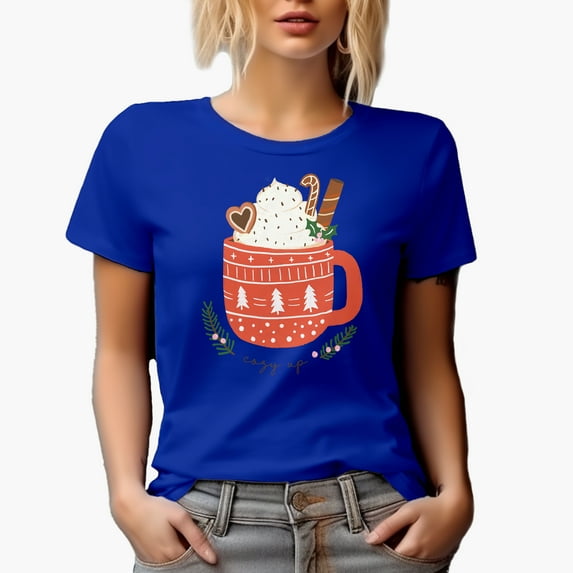 Cozy Up, Hand Drawn Cup of Christmas Hot Chocolate or Cocoa Art Merch Gift, Royal Blue T-Shirt, Large