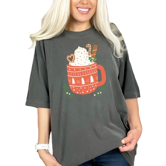 Cozy Up, Hand Drawn Cup of Christmas Hot Chocolate or Cocoa Art Merch, Pepper Comfort Colors T-Shirt, Medium