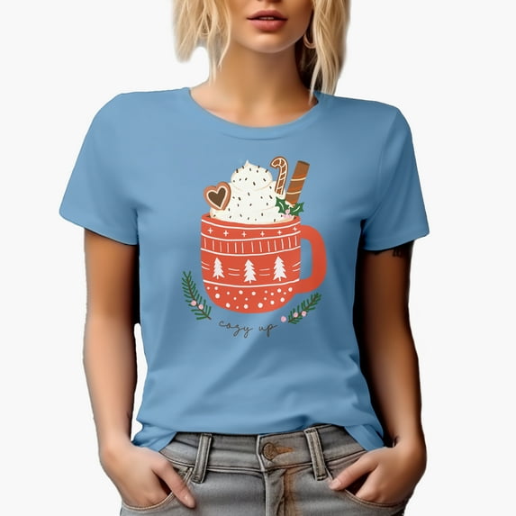 Cozy Up with Hand Drawn Cup of Christmas Hot Chocolate or Cocoa Art Merch Gift, Baby Blue T-Shirt, Small