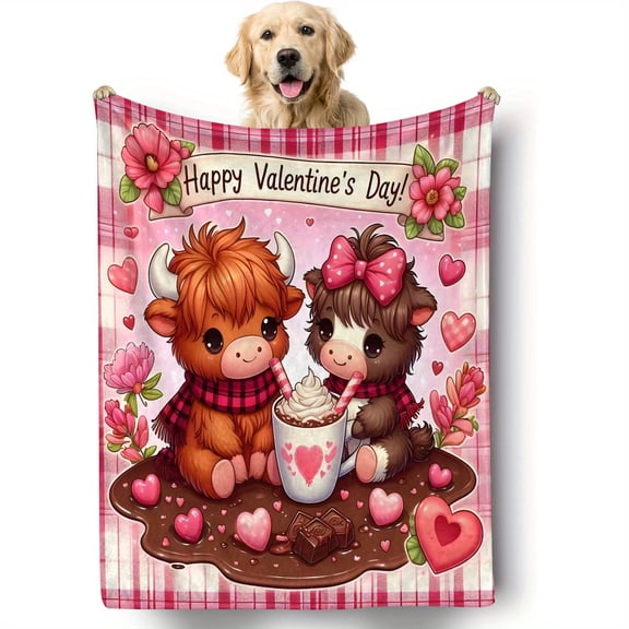 Cozy Valentine's Day Flannel Blanket with Cute Highland Cow & Calf Design – Soft Plaid Sofa Throw for Anniversaries, Birthdays, and Romantic Gifts, Fleece Blanket