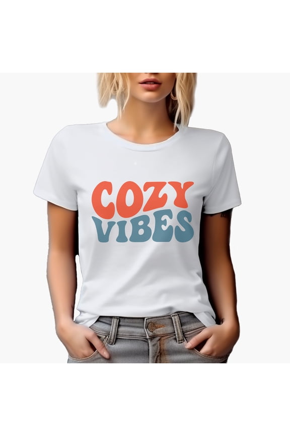 Cozy Vibes, Homey or Comfortable Feeling Themed, Groovy Retro Wavy Text Merch Gift, White T-Shirt, Medium