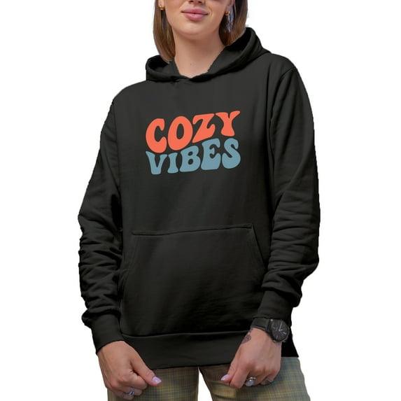 Cozy Vibes, Homey or Comfortable Feeling in a Cold Weather Themed, Groovy Retro Wavy Text Merch Gift, Black Hooded Sweatshirt or Hoodie, 2XL