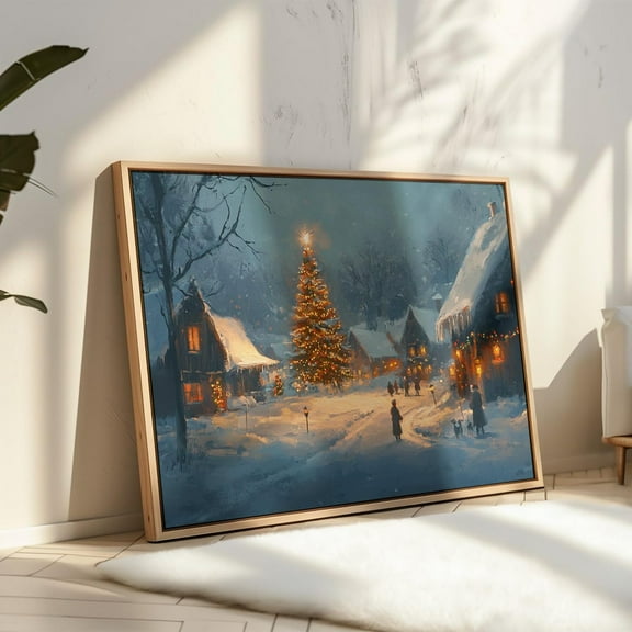 Cozy Village Wall Art Print - Snowy Holiday Scene, Festive Winter, Glowing Tree, Rustic Holiday Home Decor Wall Art, Modern Wall Decor, 8x12 UNFRAMED