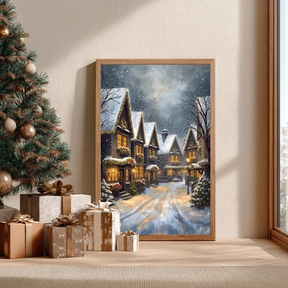 Cozy Village Wall Art Print, Winter Town Snow Scene,Home Decor,Home Decor, Home Decor #53, Unframed Canvas Size 8x12