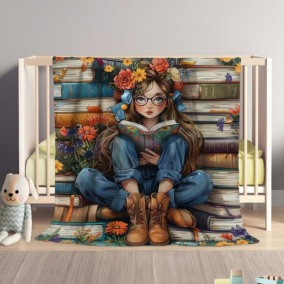 Cozy Vintage Blanket Cozy Vintage Book Lover's Fleece Blanket Digital Print Girl Reading Among Books Home Decor Travel Machine Washable