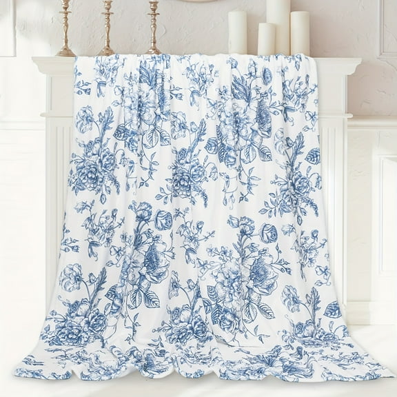 Cozy Vintage Blue Floral Fleece Throw Blanket Soft Tear-Resistant & Stain-Proof Perfect for Couch Sofa Bed Office and Travel All-Season Comfort