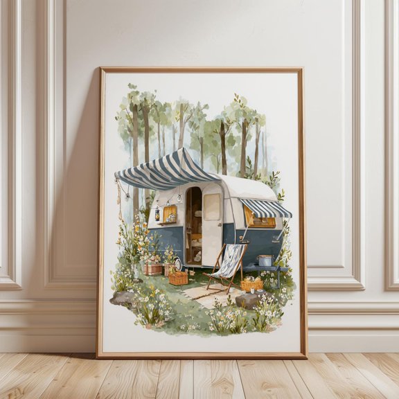 Cozy Vintage Camper Trailer Surrounded By Wildflowers Cottagecore Camping Wall Art Print, Unframed Paper Print