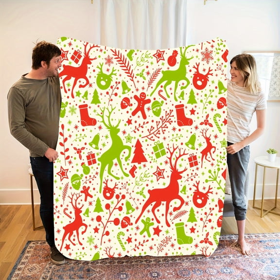 Cozy Vintage Christmas Flannel Throw Blanket Gingerbread & Plaid Reindeer Design with Colorful Accents Soft & Warm for Couch Bed Car Office All-Season Gift