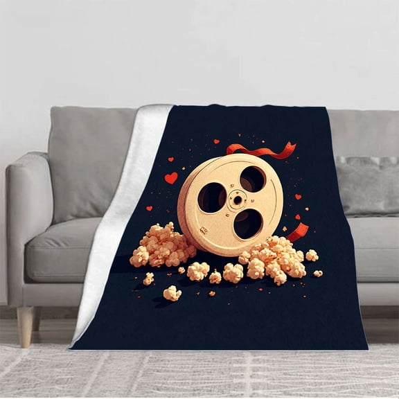 Cozy Vintage Film Reel Flannel Blanket - Soft Warm and Durable for Sofa Travel Bed and Chair - Nostalgic Popcorn & Heart Design