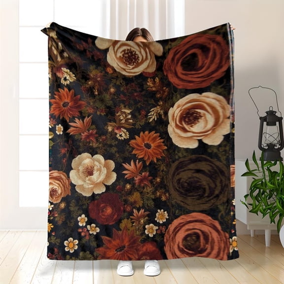 Cozy Vintage Floral Throw Blanket | Rich Autumnal Patterns in Rust, Amber, and Burgundy - Soft Flannel for Sofa, Bed, Car, or Camping, 280gsm