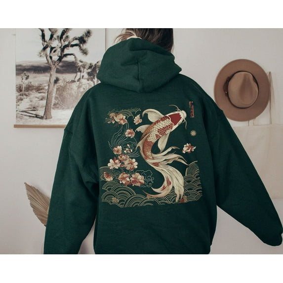 Cozy Vintage Japanese Koi Fish Hoodie Nautical Animal Asian Art Nouveau Japan Hooded, Pond Top Urban Unisex Spring Shirt, Tokyo Style, Forest Green Color, Size S