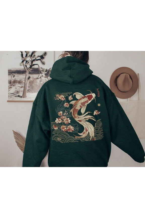 Cozy Vintage Japanese Koi Fish Hoodie Nautical Animal Asian Art Nouveau Japan Hooded, Pond Top Urban Unisex Spring Shirt, Tokyo Style, Sand Color, Size S