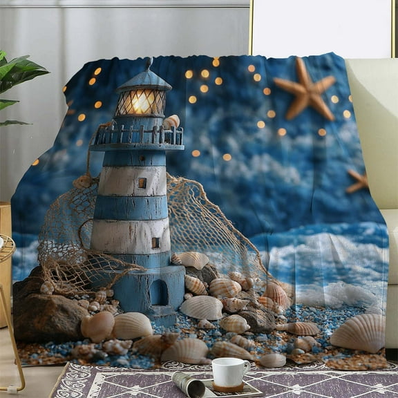 Cozy Vintage Lighthouse & Seashell Print Flannel Blanket Soft Warm All-Season Throw for Sofa Bed Car Office Camping & Travel Nautical Theme with Starry Night Sky Design
