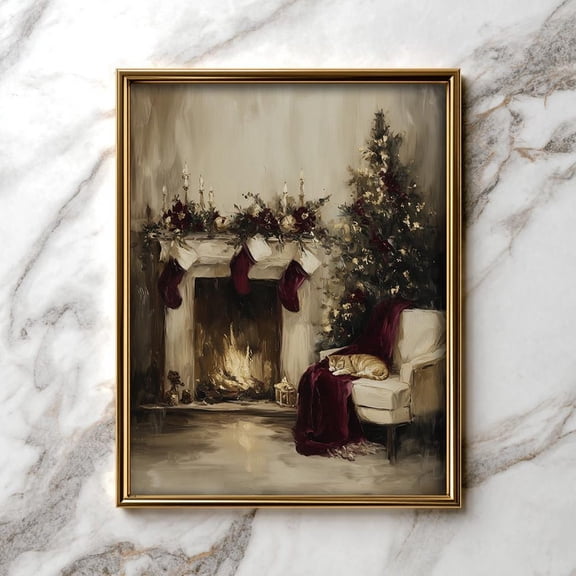 Cozy Vintage Living Room Scene - Wall Art, Festive Fireplace Decor, Rustic Home , 12 Unframed Paper Print