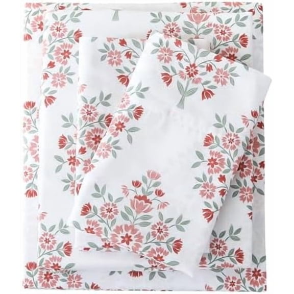 Cozy Vintage Microfiber Floral Printed Queen Sheet Set - Soft & Breathable Red Flower Bed Sheets with Extra Deep Pocket - Non-Slip Fitted Design - Clusters of Red Flowers Green Leaves Pattern