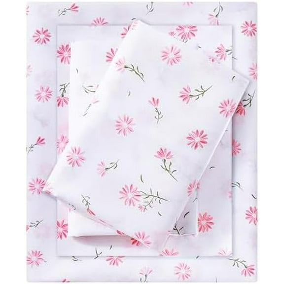 Cozy Vintage Microfiber Printed Floral Twin Sheet Set - Soft & Breathable Pink Daisy Bed Sheets with Extra Deep Pocket - Non-Slip Fitted Design - Daisy Pattern - Twin