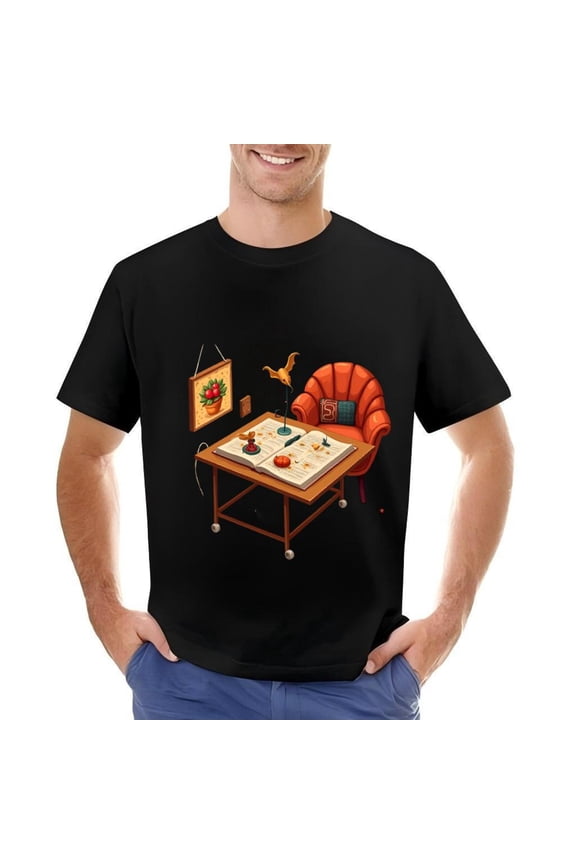 Cozy Vintage Study Room Design Cotton Short Sleeve T-Shirt for Men - Orange Armchair Open Book & Quill