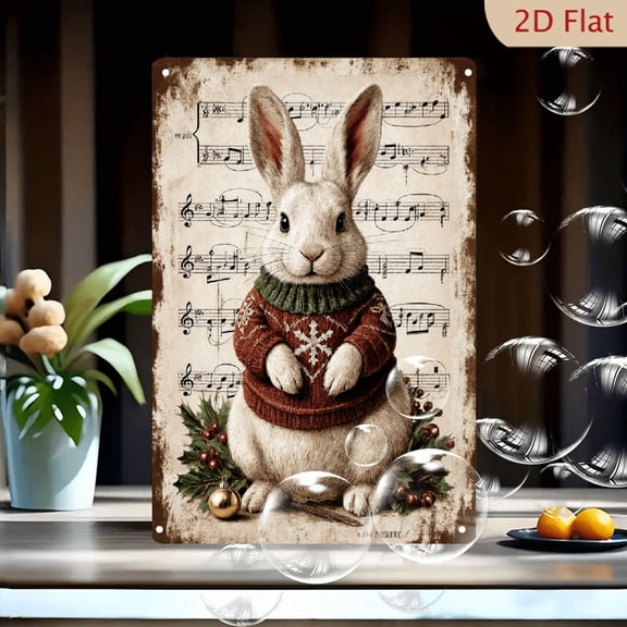 Cozy Vintage Winter Rabbit on Sheet Music Wall Art, 8x12 Inch Metal Tin Sign, Reddish-Brown Sweater with Snowflake, Holly Berries & Ornament, Rustic Holiday Home Decor