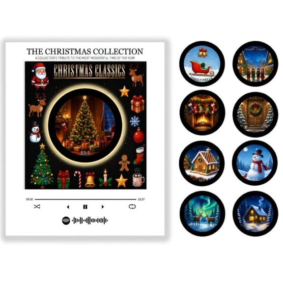 Cozy Vinyl, Cozy Vinyl Christmas, Nfc Auto-Recognition Mini Record Player with 9 Swappable Vinyl-Style Discs, USB-C Mp3 Drag-and-Drop Audio Customization, Holiday Decor for Home & Desk
