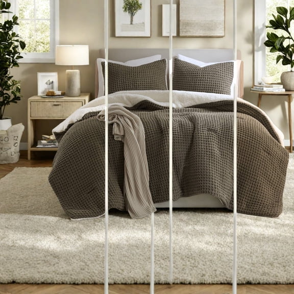 Cozy Waffle Knit Bedding Set Chenille Polyester with Sherpa Reverse Full/Queen