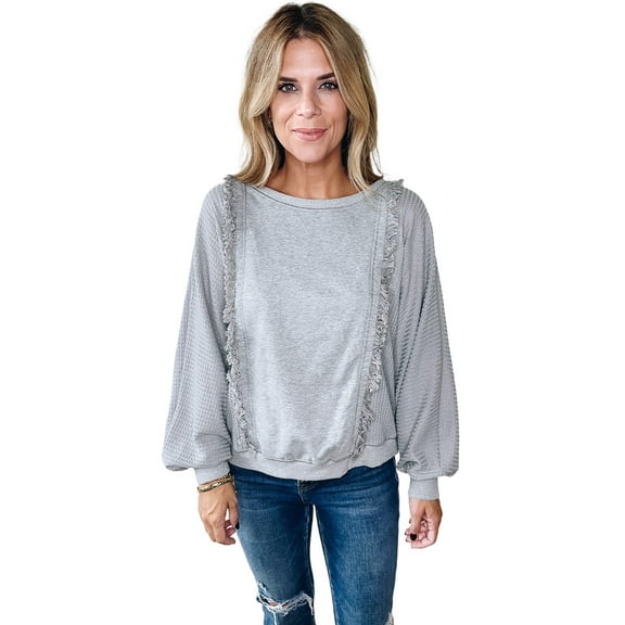 Cozy Waffle Knit Patchwork Pullover - Light Grey Long Sleeve Top - [ZhiHiMeRi] | (US 8-10)M