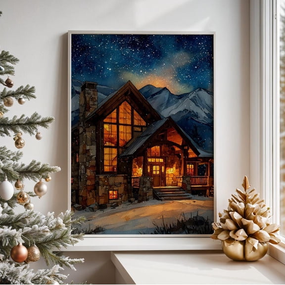 Cozy Wall Decor Festive Mountain Winter Home Landscape Scene Three, Stretched Canvas