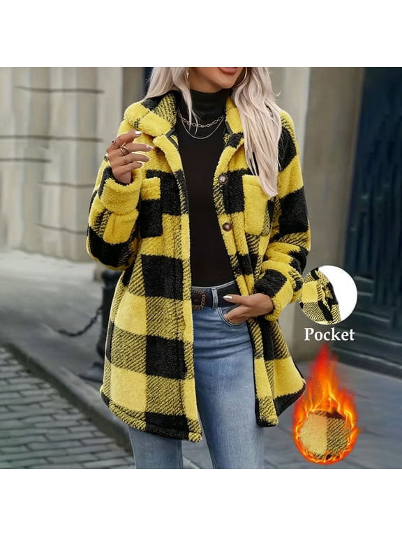 Cozy Warm Coats for Women Winter Loose Fitting Plaid Long Sleeves Button‑Down Lapel Jacket With Pockets Cold Weather Casual Outerwear