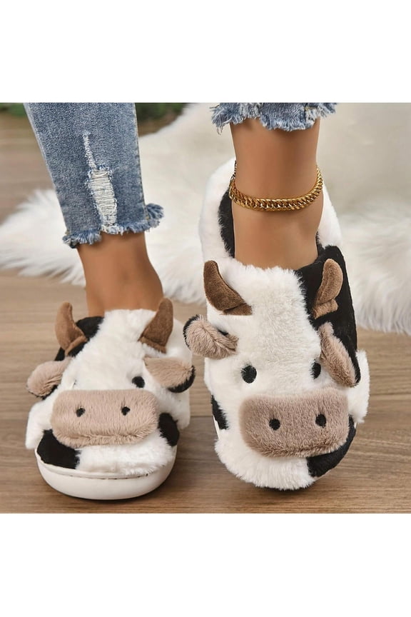 Cozy Warm Fleece Animal Print Slippers for Women - Soft Fluffy Cow Design Perfect Bedroom House Shoes