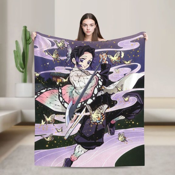 Cozy Warm Plush Throw Demon Slayer Kochou Shinobu Fluffy Blanket for Bed Couch Living Room 50"x40"