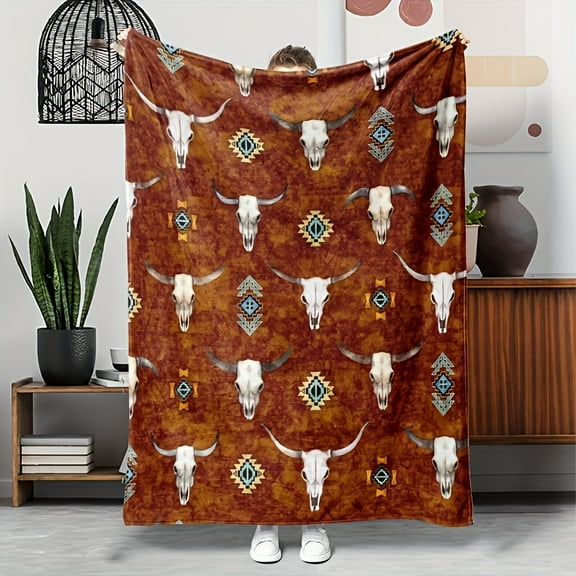 Cozy Western Vintage Bull Skull Print Flannel Throw Blanket – Rustic Southwestern Style with Turquoise & Brown Accents