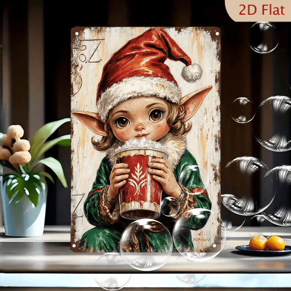 Cozy Whimsical Elf in Santa Hat Holding Hot Cocoa Mug, Vintage Parchment Background, 8x12 Inches Metal Wall Art Print for Holiday Home Decor