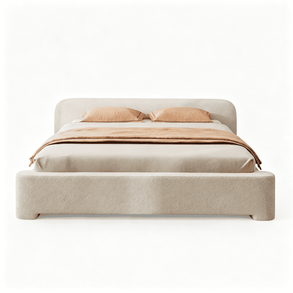 Cozy White Boucle Upholstered Queen Bed Frame, Soft Fabric Platform Bed with Wood Slats Support, Modern Minimalist Bedroom Furniture