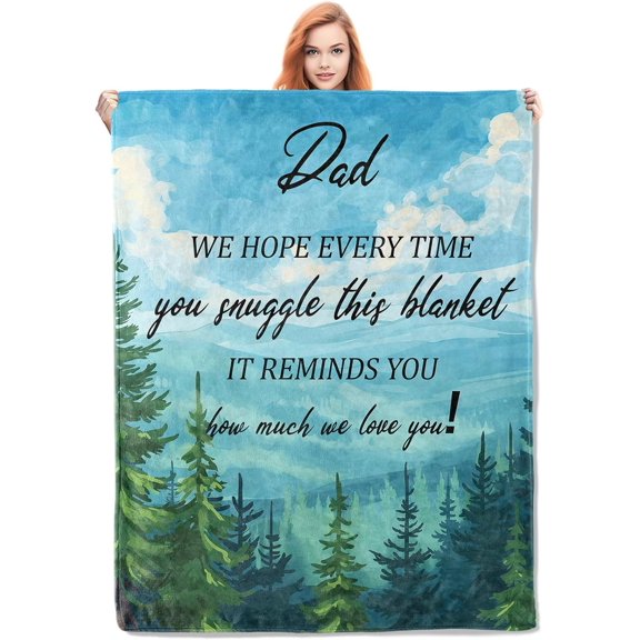 Cozy Wilderness Fleece Blanket for Dad, Sentimental Message, Snuggle Comfort Throw 60x80 inches, Forest and Sky Design, for Fathers - Blue and Green