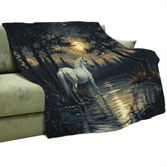 Cozy Wildlife Horse Flannel Throw Blanket – 280GSM Ultra-Soft, Colorful Watercolor Forest & Jungle Design with Full Moon & Galloping Horse, Perfect for Couch, Sofa, Bed, or Camping – All-Season Gift