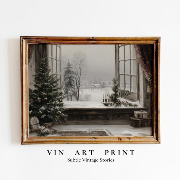 Cozy Window Scene Art, Vintage Winter Snowfall Wall Decor, Rustichome Interior Print Home Decor #50, Unframed Poster Size 8x12