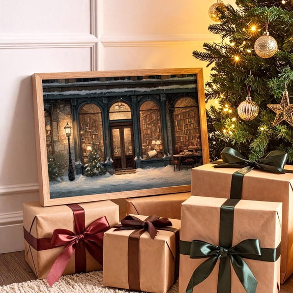 Cozy Winter Bookstore Library Snow Scene Wall Art Home Decor Unframed Paper Print