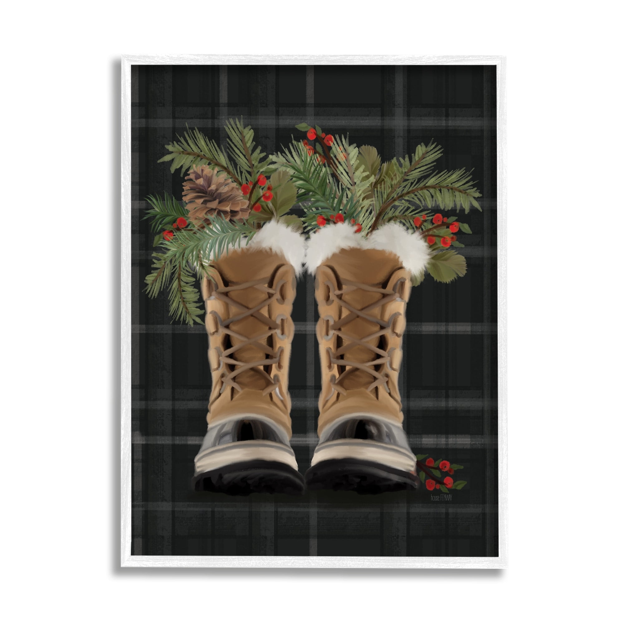 Cozy Winter Boots Holly Fir Sprig Arrangement Botanical & Floral Painting Framed Art Print Wall Art